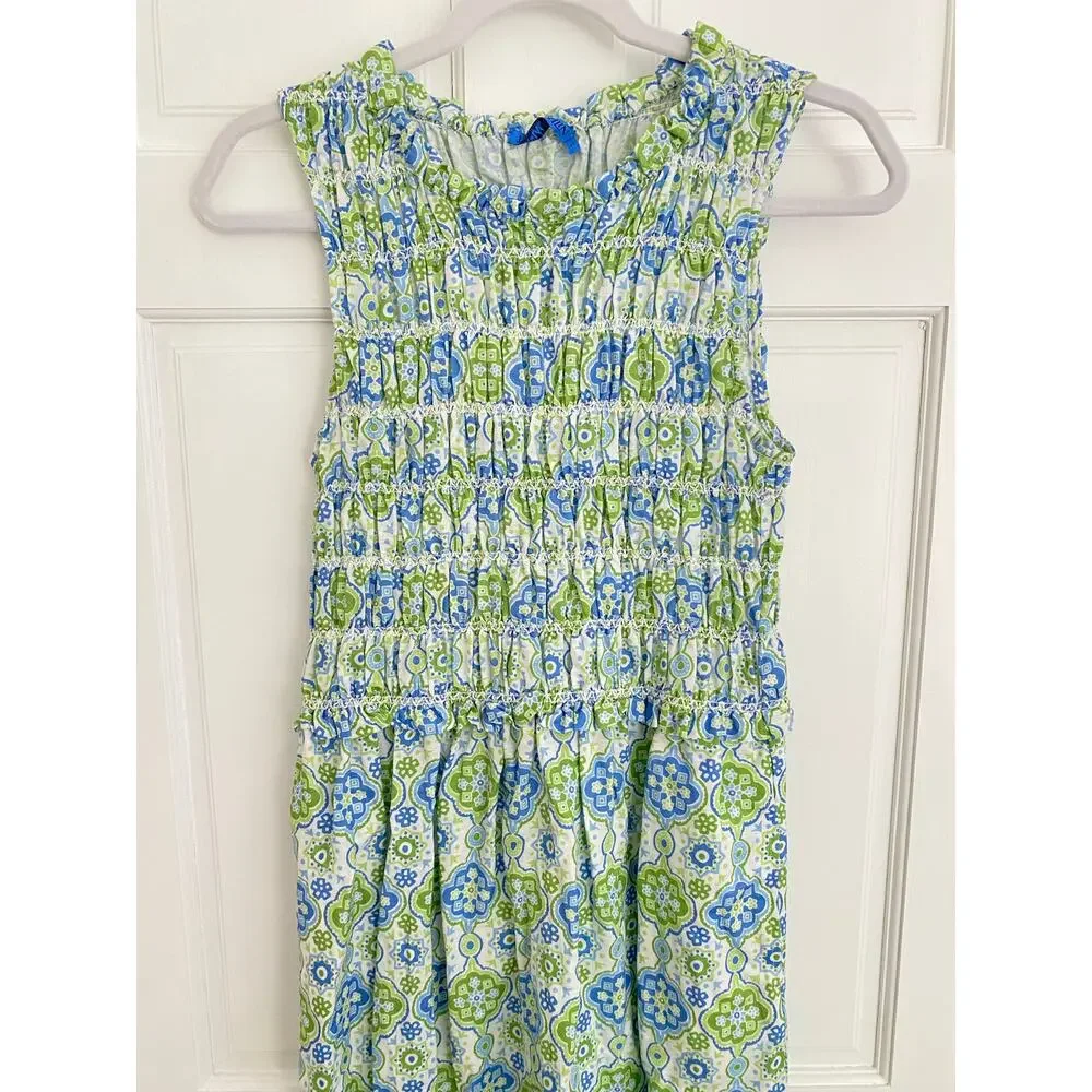 J. McLaughlin Ciri Smocked Sleeveless Midi Dress Linen Cotton Green Blue Print S - Picture 5 of 10